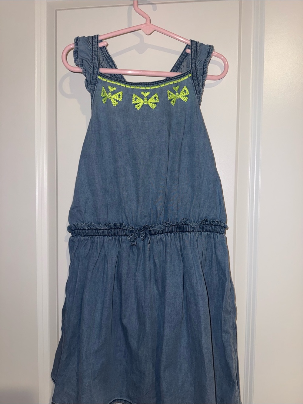 Gymboree Blue Denim Dress with Neon Green Embroidery
